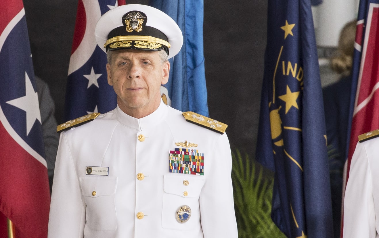 US Vice President Mike Pence, left, with Admiral Phil Davidson of the Indo Pacific Command and Rear Admiral Jon C Krietz.