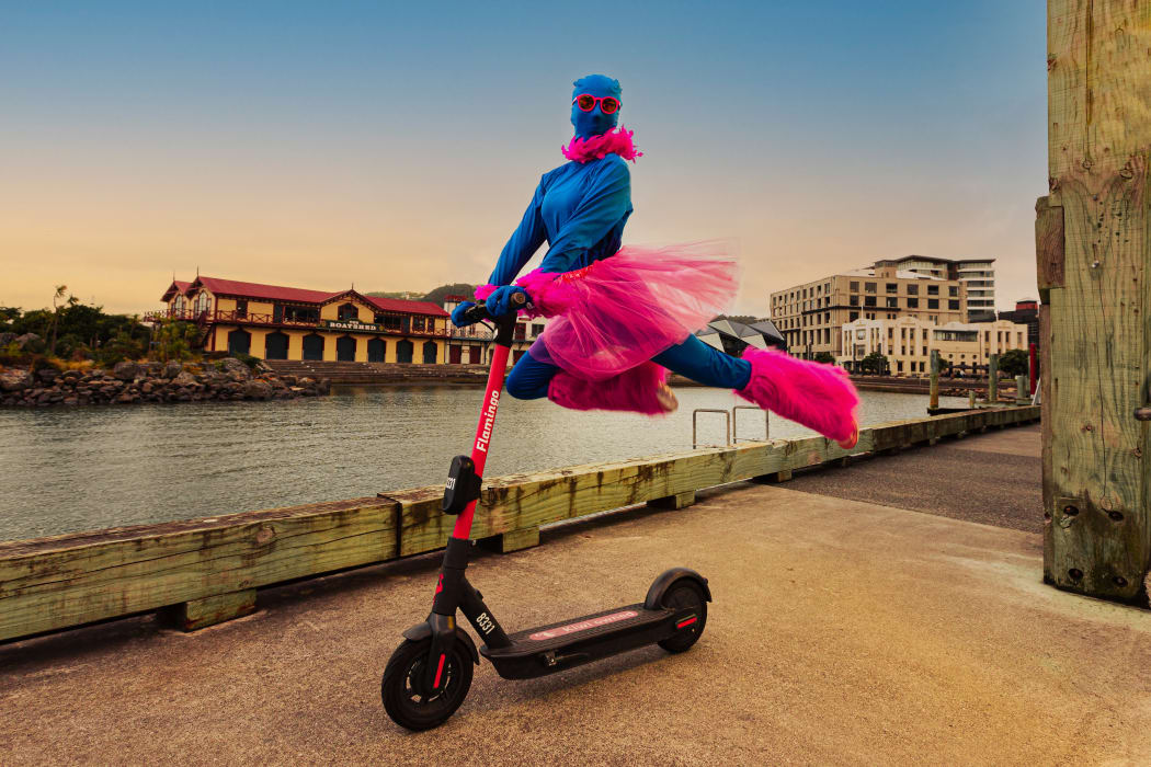 Choreographer Malia Johnston has designed a 'roaming ballet' on Flamingo Scooters at the Wellington Waterfront.