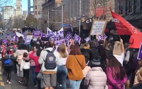 Hundreds of nurses and those supporting them and the strikes are marching down Queen Street in central Auckland.