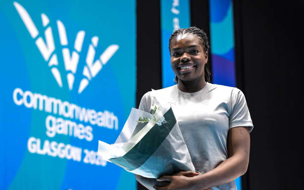 Grace Nweke of New Zealand receives a bouquet on her 50th match, New Zealand Silver Ferns v Scotland, pool B netball match of the 2026 Glasgow Commonwealth Games at OVO Hydro, Glasgow, Scotland on Saturday 25 July 2026.
Photo: Jayne Russell / Photosport