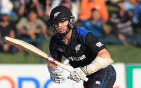 The Black Caps Kane Williamson plays a shot in the 5th ODI in Abu Dhabi. 2014.