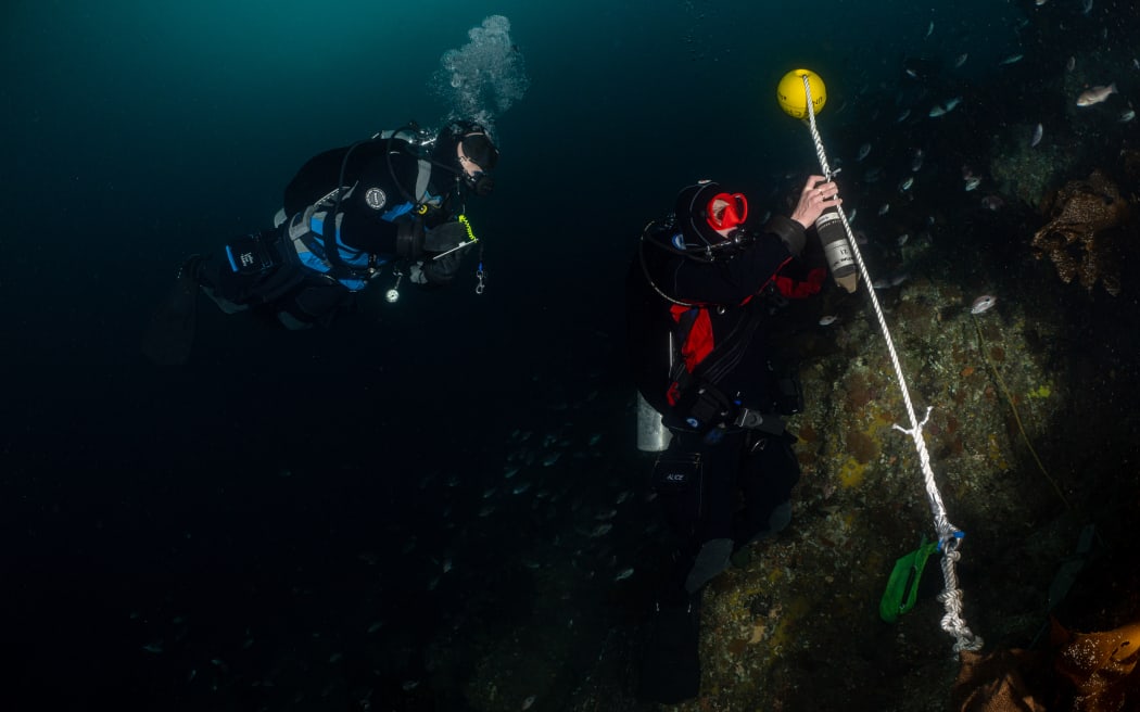 Two divers in dark water with a silver cylinder contraption attached to a line with a yellow float attached.