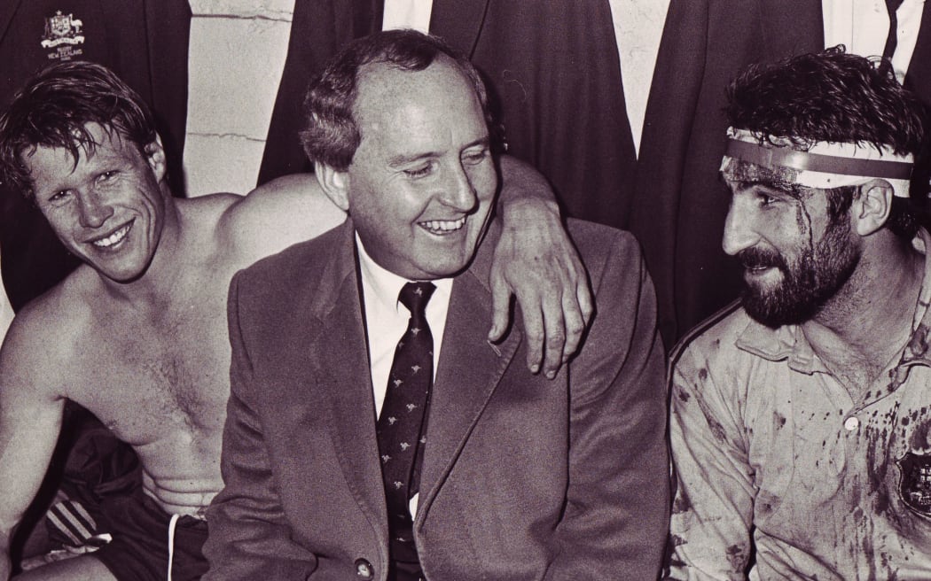 Wallabies coach Alan Jones enjoys a laugh with his players after a test in 1986.