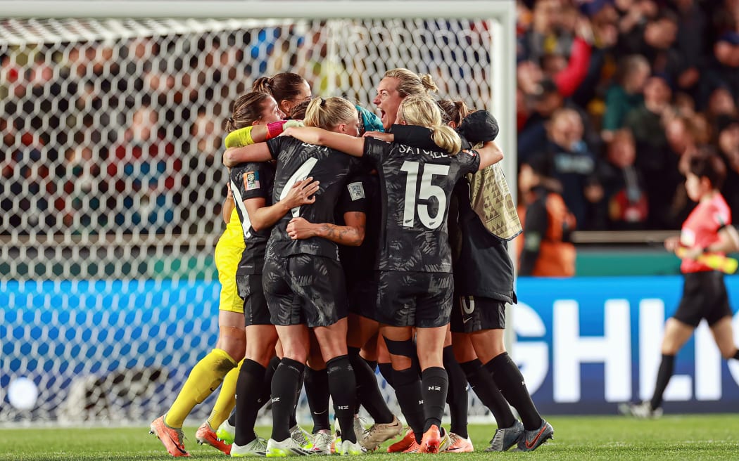 Football Ferns celebrate the win over Norway at Eden Park.