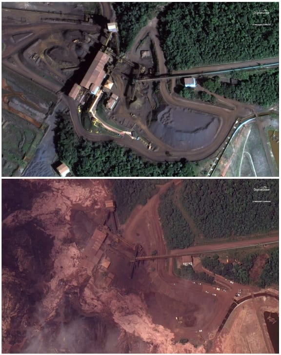 An area northeast of Brumadinho, Brazil seen on 2 June, 2018 and, below, the same area on 26 January, 2019, a day after a dam collapsed and flooded the area with mud.