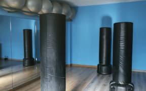 Boxing gym room ready for class, nobody. Fitness training