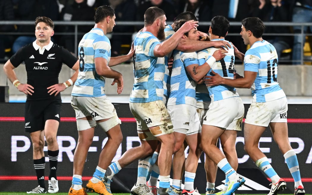 Argentina players celebrate a try, Rugby Championship, New Zealand All Blacks v Argentina.