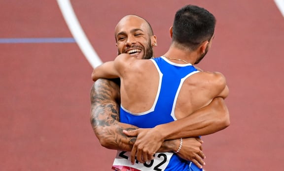 Italy win the mens 4 x 100m final. Team of Lorenzo Patta, Eseosa Desalu, Marcell Jacobs and Filippo Tortu  Olympic Stadium, Tokyo, , Tokyo 2020 Olympic Games. Athletics Finals Friday 6 August 2021. Mandatory credit Â© Steve McArthur / www.photosport.nz