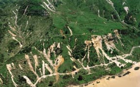 Landslides near Mōkau (on the North Island’s west coast) caused by heavy rainfall.