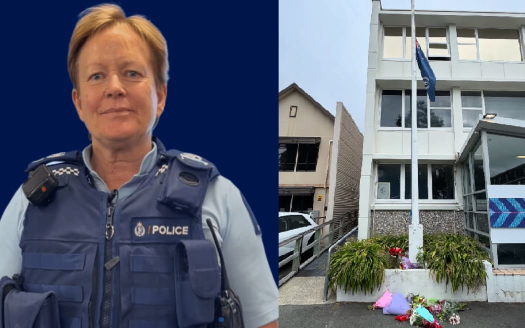 Senior Sergeant Lyn Fleming and some of the flowers laid outside her police station after her death.