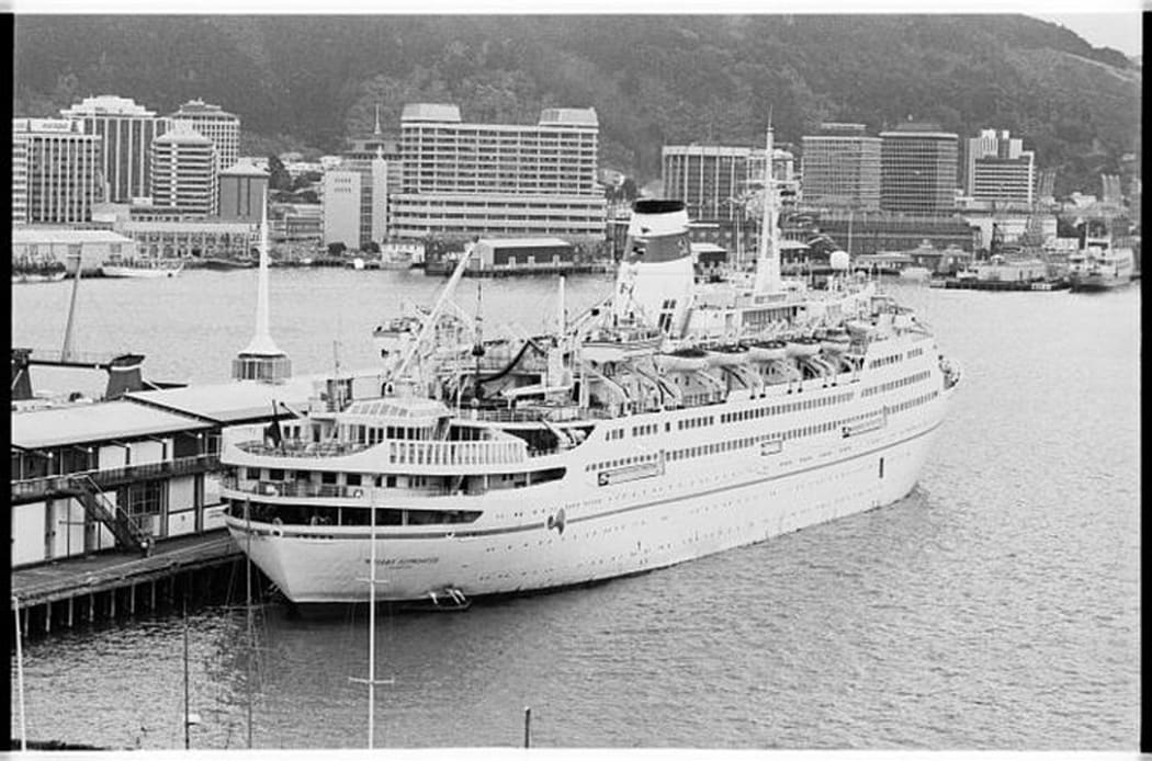 Russian cruise ship Mikhail Lermontov berthed at Wellington Harbour.