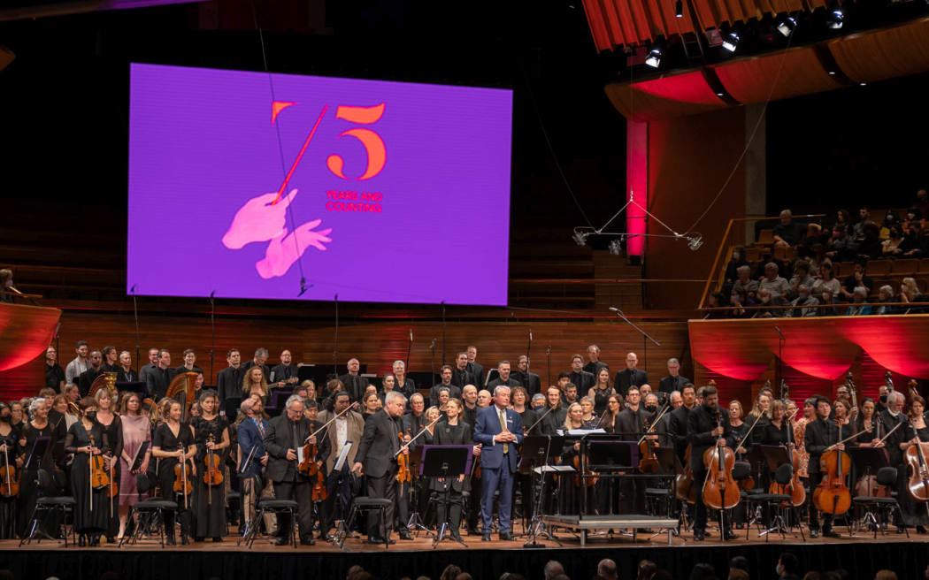 NZSO whānau on stage at the 75th Jubilee Concert