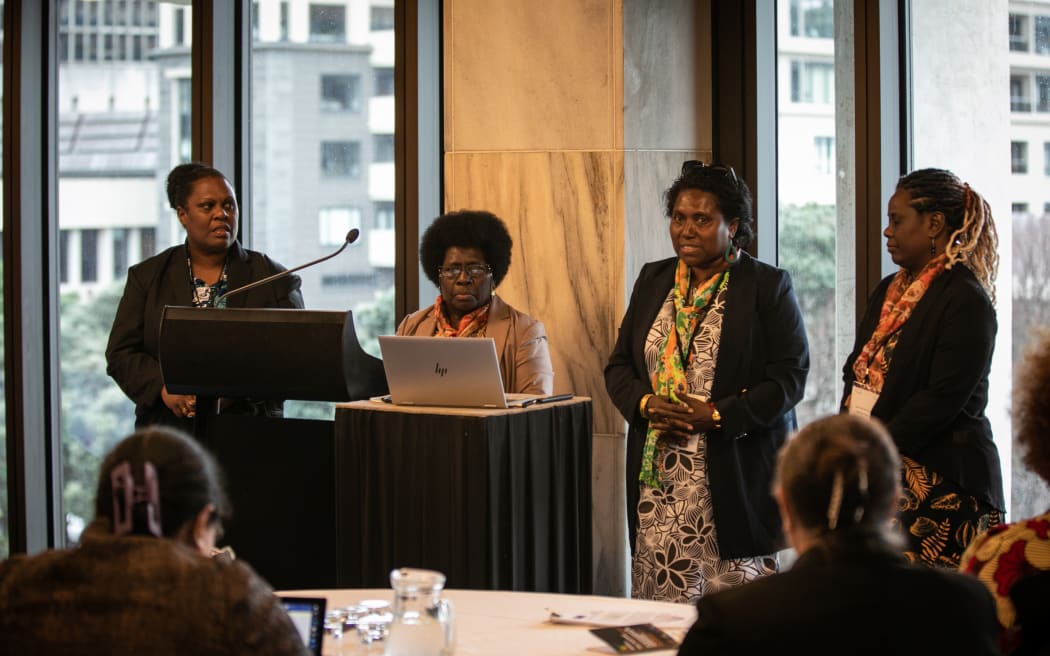 Women MPs from Pacific Islands countries during a workshop at a wānanga at New Zealand's Parliament, 8 August 2023.