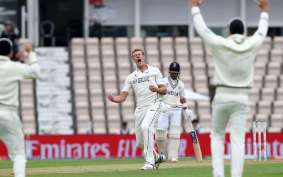 Bowler Kyle Jamieson celebrates the lbw of Virat Kohli.