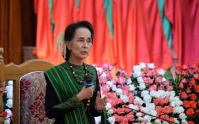 Myanmar's State Counselor Aung San Suu Kyi speaks during a meeting with citizens as part of 68th Kayah State Day anniversary events in the state capital Loikaw on January 15, 2020.