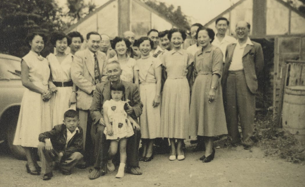 Helene and Chin Ting family at Te Aro Seed nursery, Hataitai 1954.