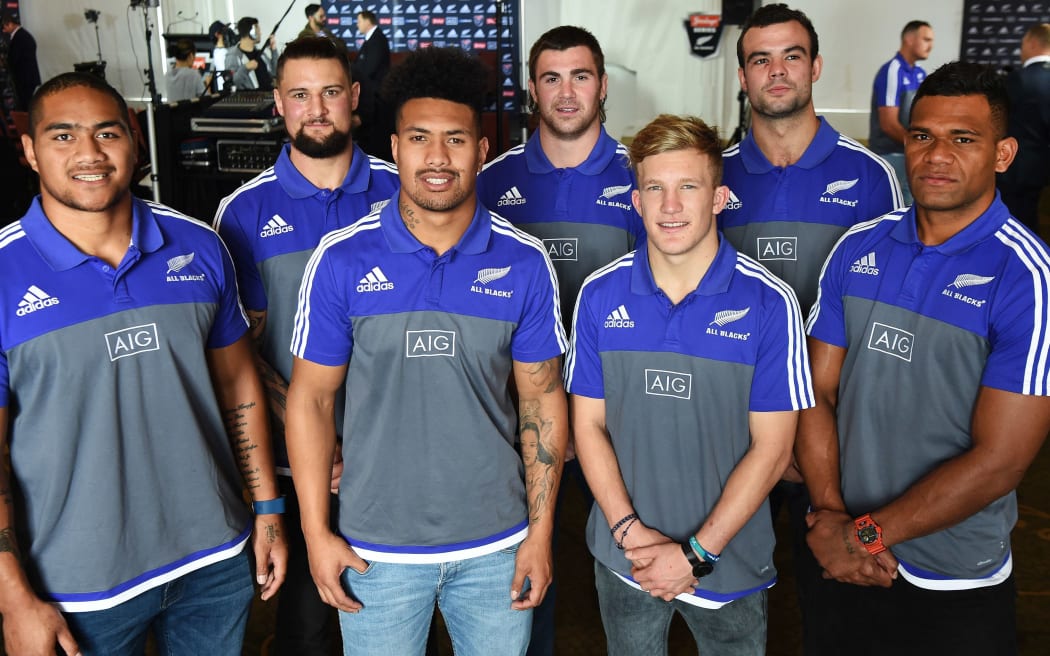 Debut All Blacks L-R Ofa Tu'ungafasi, Elliot Dickson, Ardie Savea, Liam Squire, Damian McKenzie, Tom Franklin (who is only in the squad as an injury replacement to Sam Whitelock) and Seta Tamanivalu.