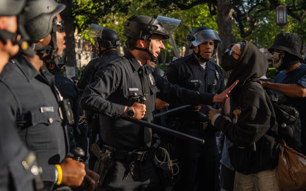 Protesters attempting to establish an occupation in Alumni Park on the University of Southern California campus in Los Angeles, United States, on 24 April, 2024.