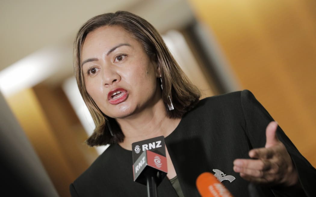 Green Party co-leader Marama Davidson adresses media after the government's Budget 22 announcement.