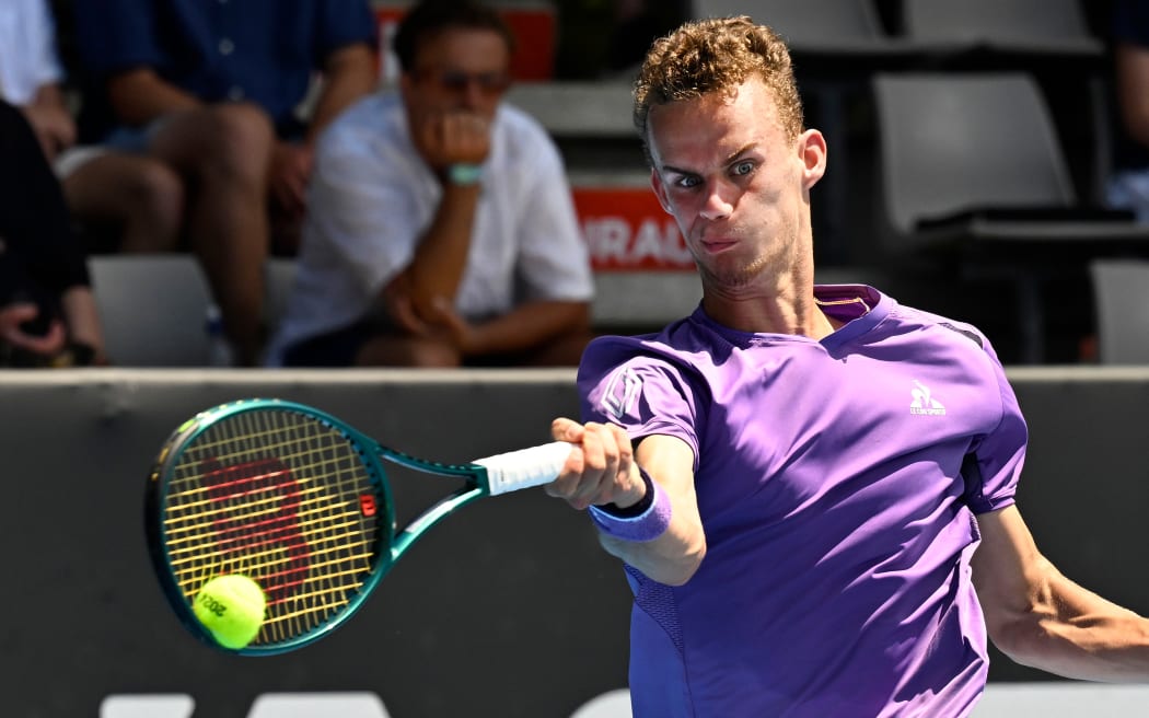Luca Van assche of France during his first round singles match at the ASB Classic tennis tournament in Auckland.