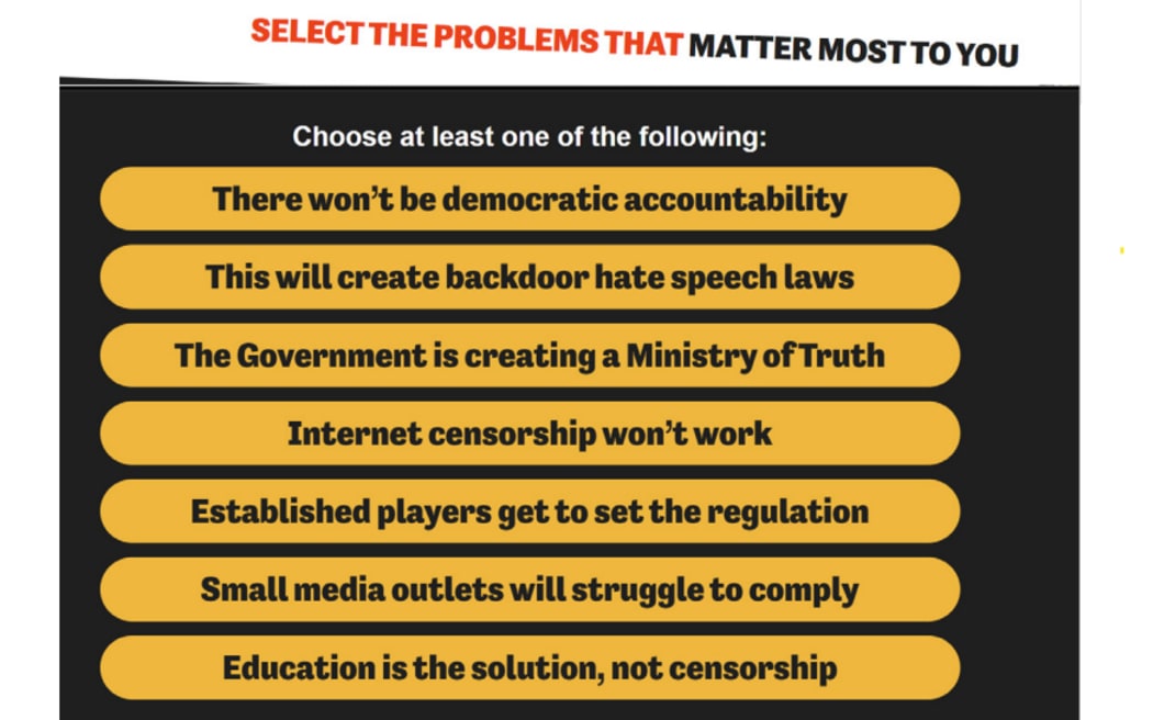 An image from the template submission tool set up by the Free Speech Union to allow supporters to respond to a discussion document on new online regulations.