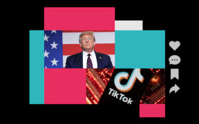 Graphic depicting Donald Trump in front of US flag and TikTok logo