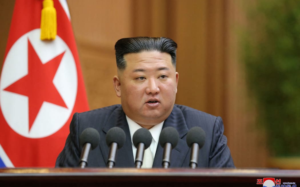 North Korean leader Kim Jong Un delivering a speech at the second-day sitting of the 7th Session of the 14th Supreme People's Assembly of the Democratic People's Republic of Korea at the Mansudae Assembly Hall in Pyongyang.