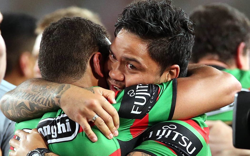 Issac Luke celebrates after his Rabbitohs won their first Premiership for 43 years