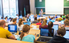 Informatics workshop at university. Rear view of students sitting and listening in lecture hall doing practical tasks on their laptops.