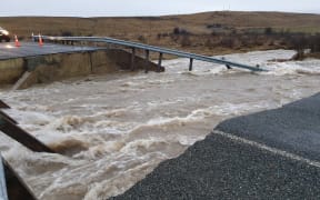 A bridge washed out on Lake Ōhau Road near the SH8 turnoff on 19 July 2022.