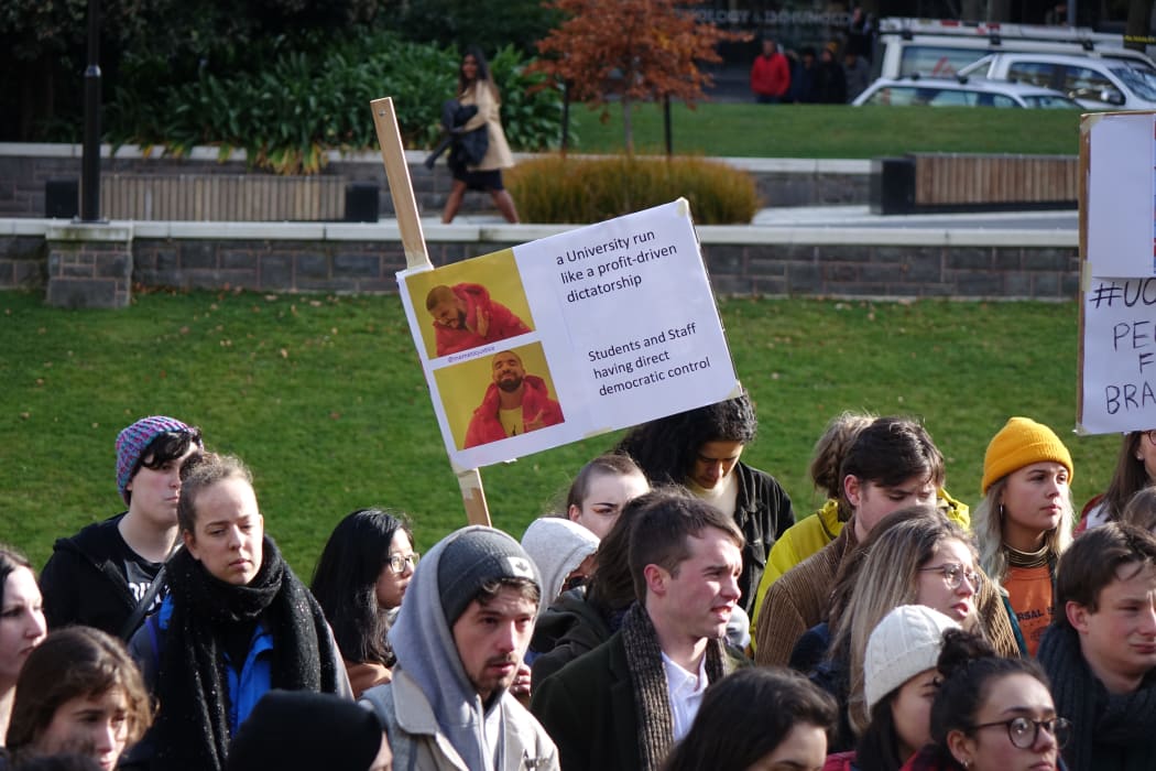 Otago University students protest the destruction of 500 copies of this week's campus magazine, Critic.