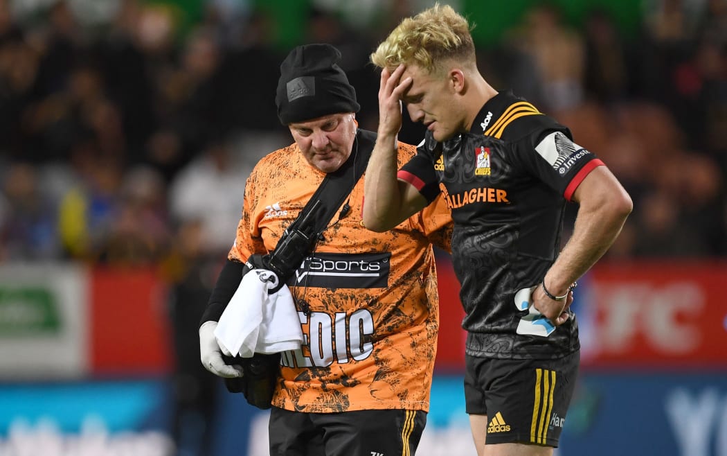 Damian McKenzie leaves the field.
Chiefs v Blues, Super Rugby, FMG Waikato Stadium.