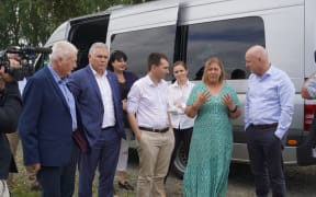 Prime Minister visits Wairoa. From left, Wairoa mayor Craig little, Mark Mitchell, Dana Kirkpatrick, Simeon Brown, Katie Nimon, deputy mayor Denise Eaglesome-Karekare, Christopher Luxon.