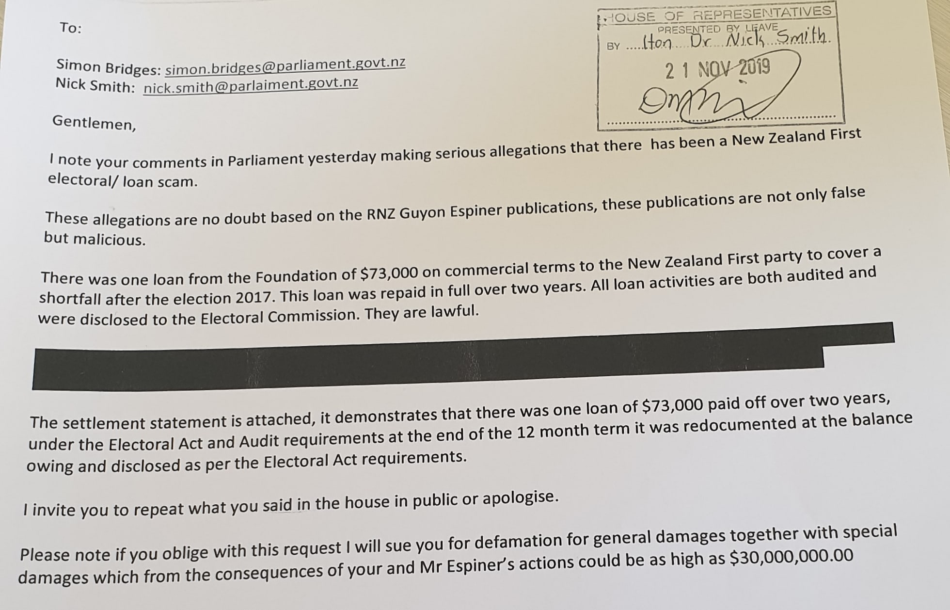 Letter from Brian Henry sent to National MP Nick Smith and leader Simon Bridges.