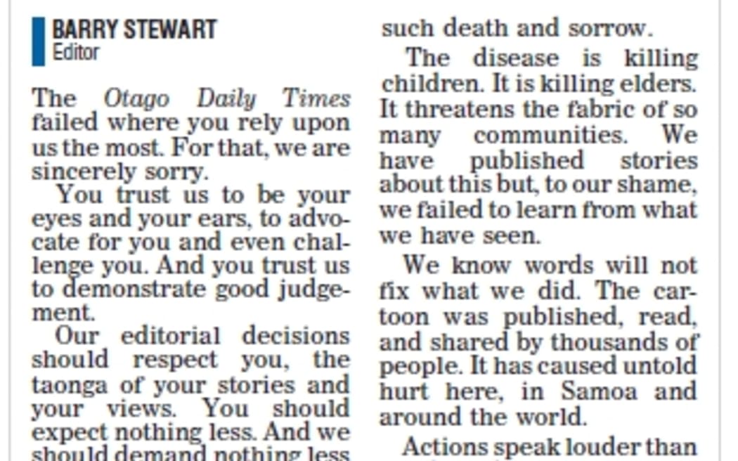 Otago Daily Times Editorial apologising for the Samoa measles cartoon.
