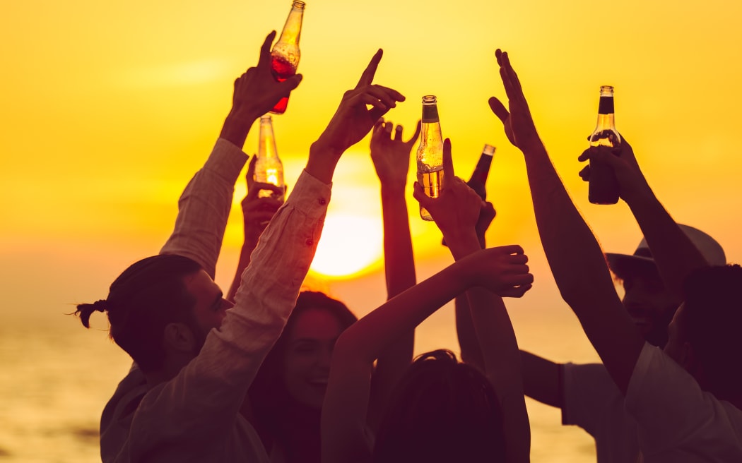 Friends Beach Party Drinks Toast Celebration Concept.
