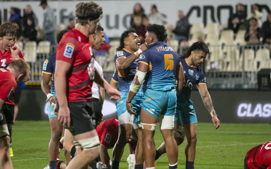 Miracle Faillagi celebrates scoring a try with Pepesana Patafilo during the Crusaders v Moana Pasifika, Super Rugby Pacific match, Apollo Projects Stadium, Christchurch.
