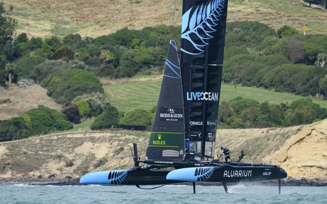 Andy Maloney, flight controller of New Zealand SailGP Team, runs across the boat as the New Zealand SailGP Team take part in a practice session ahead of the ITM New Zealand Sail Grand Prix in Christchurch, New Zealand, 16 March 2023. Photo: