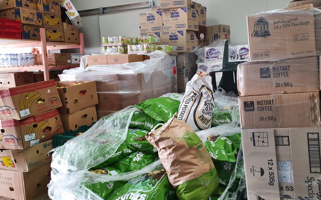 Stocks of food rescued from supermarkets and producers at Hastings headquarters of food charity Nourished for Nil