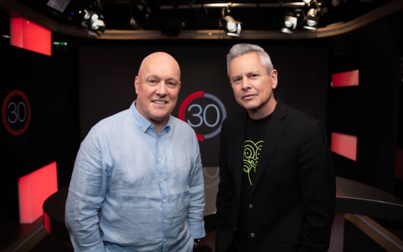 Prime Minister Christopher Luxon in studio with Guyon Espiner for 30.