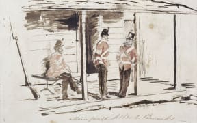 Watercolour sketch by Thomas Matravers of 3 guards at Albert Barracks (c.1863-1868). Sir George Grey Special Collections, Auckland Libraries, 3-137-26a