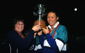 Coach Robyn Broughton and captain Bernice Mene after Southern Sting beat Canterbury Flames in the 2001 Coca Cola Cup domestic netball final.