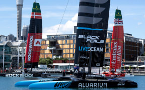 New Zealand SailGP Team F50 catamaran with the fleet moored in the harbour in front of the city skyline prior to a practice session ahead of The Rolex SailGP 2025 Championship ITM New Zealand Sail Grand Prix in Auckland, New Zealand. Thursday 16 January 2025. Photo: Felix Diemer for SailGP. Handout image supplied by SailGP