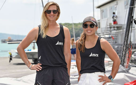 New Zealand sailors Molly Meech and Alex Maloney 49erFX.
2019 Oceania Championships at Akarana Yacht Club.