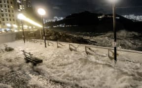 Waves crash into the Heng Fa Chuen residential district as Super Typhoon Ragasa approaches near Hong Kong on September 23.