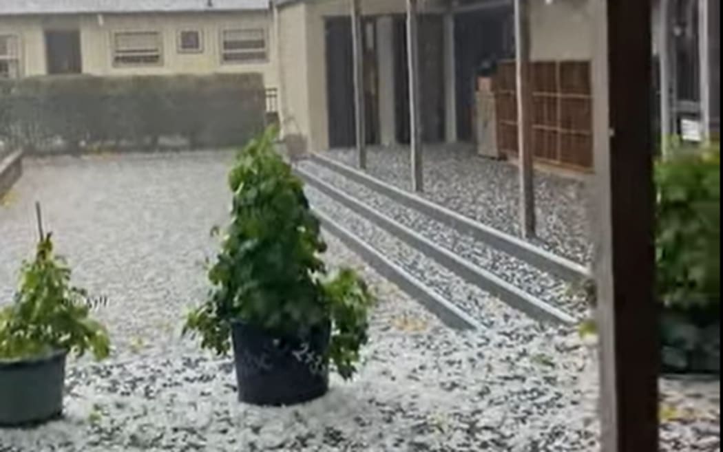 Hail at St Peter's Catholic School in Cambridge, Waikato on 29 May 2025.
