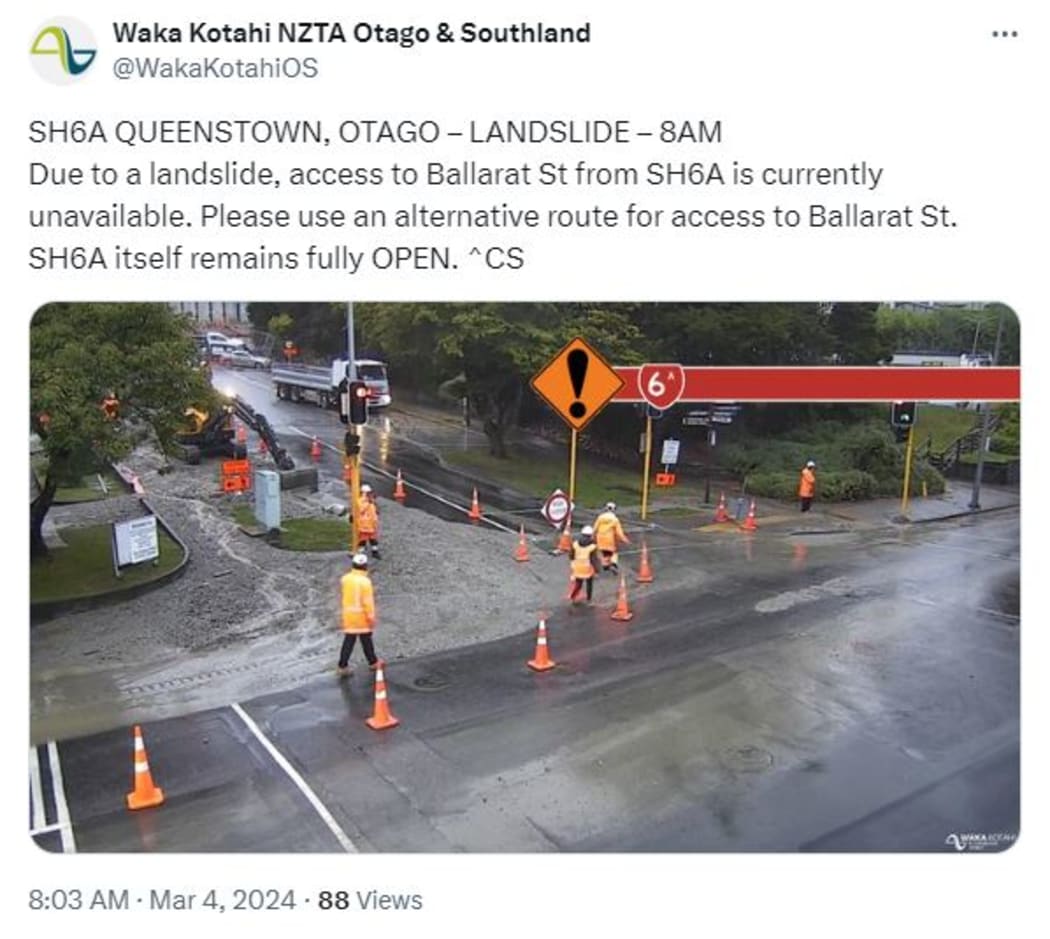 A post on X by Waka Kotahi shows an image of water flooding across Ballarat Street in central Queenstown on 4 March, 2024.