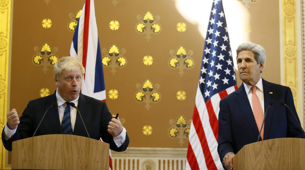 British Foreign Secretary Boris Johnson, left, and US Secretary of State John Kerry at a joint media conference following their meeting in London on 19 July 2016.