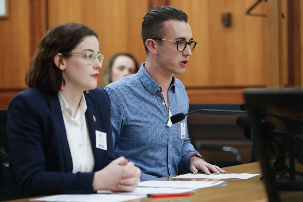 Max Tweedie and Teri O'Neill speak to the Justice Committee about a petition on behalf of Young Labour and the Young Greens asking for a ban on gay conversion therapy.