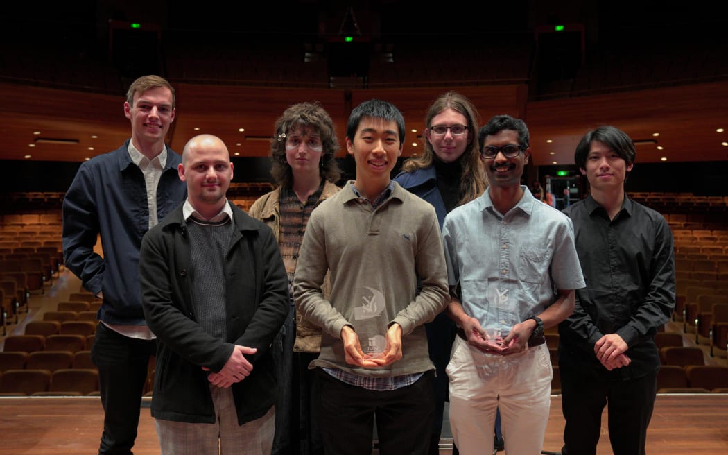 2023 Todd Young Composer Awards finalists (from left: Nicholas Graham Brownlie, Camryn Nel, Mallory Elmo, Henry Meng, Thorin Williams, Sai Natarajan and Chongwen “Wayne” Gao. (Not pictured: finalist Scarlett Peckham)